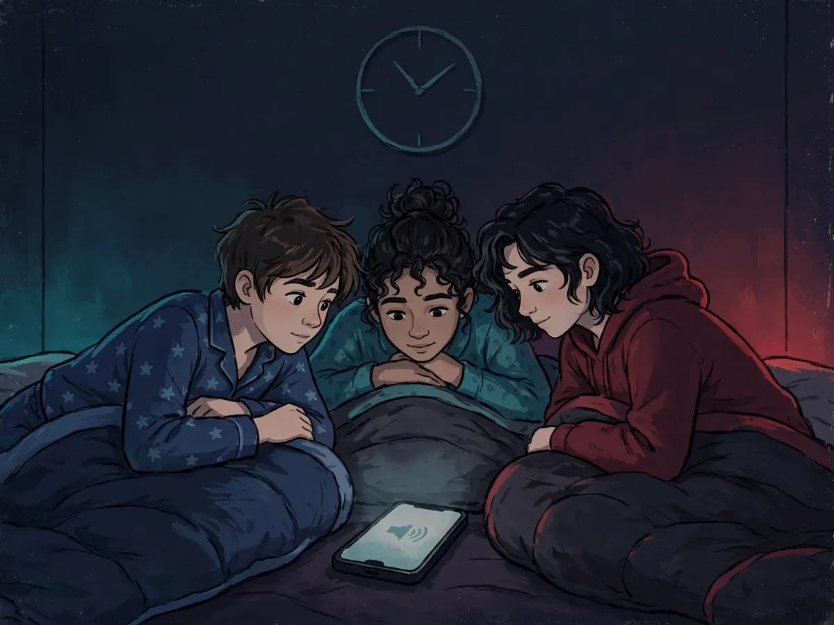 Three illustrated teens in pyjamas on sleeping bags leaning toward a phone on speaker, a clock shape on the wall