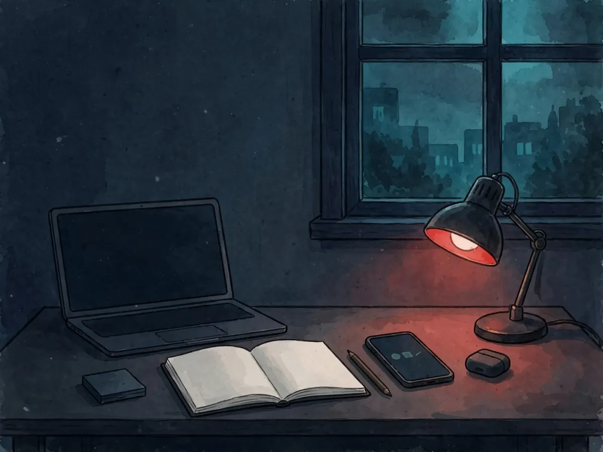 A tidy research desk with a laptop, notebook and phone, a desk lamp, evening light