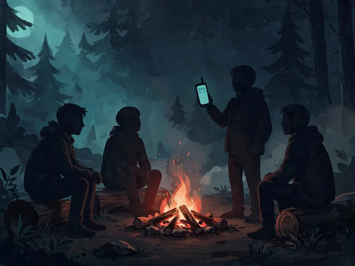 Silhouetted friends around a small campfire, one holding up an old phone like a storyteller