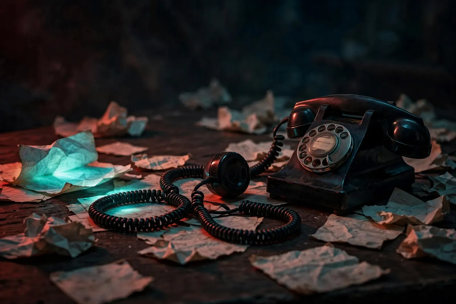Vintage rotary phone off the hook on a dark desk, a visual for scary numbers to call