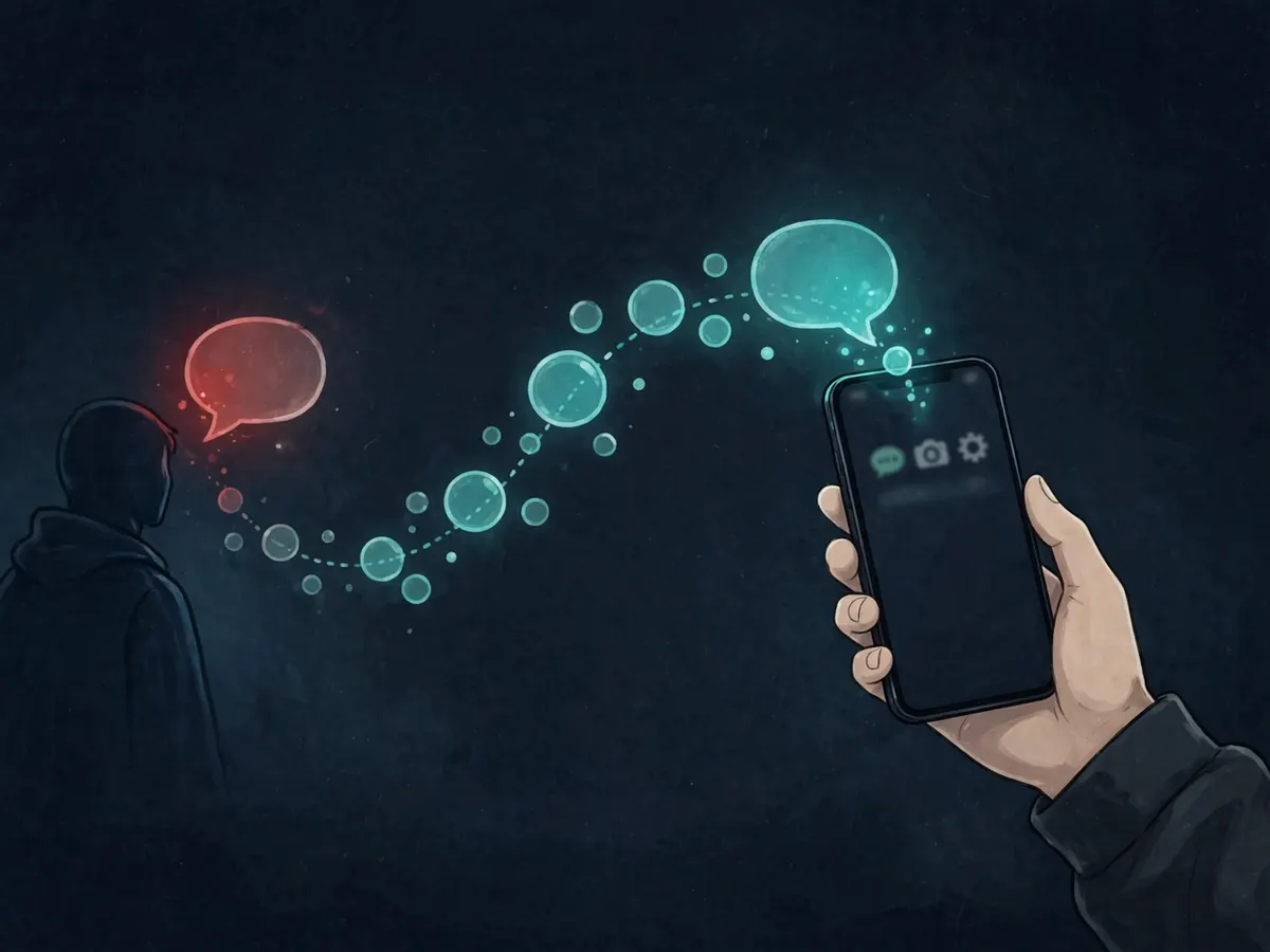 A phone sending a message bubble that leaves a trail back to the sender, a visual for texting scary numbers